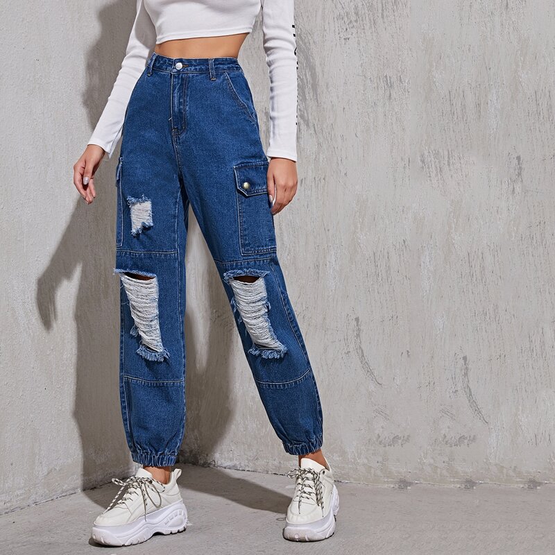 

High Waisted Flap Pocket Side Distressed Jogger Jeans, Dark wash