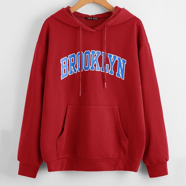

Plus Pouch Pocket Letter Graphic Hoodie, Burgundy