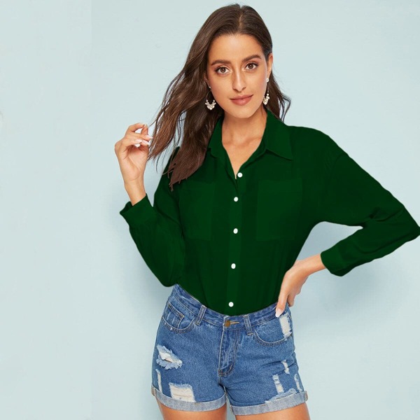 

Solid Pocket Front Blouse, Dark green