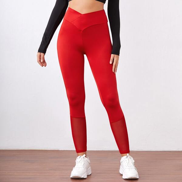 

Solid Wide Band Waist Mesh Panel Leggings, Red