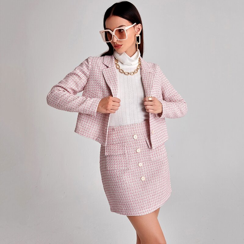 

Tweed Plaid Lapel Neck Blazer & Skirt, Pink