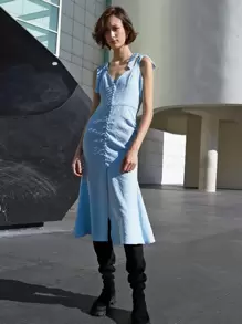 MOTF PREMIUM FITTED TIE SHOULDER JACQUARD DRESS - Baby Blue - View 1