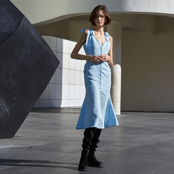 

FITTED TIE SHOULDER JACQUARD DRESS, Baby blue