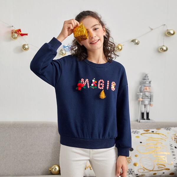 

Girls Letter Christmas Print Pompom Detail Pullover, Navy blue