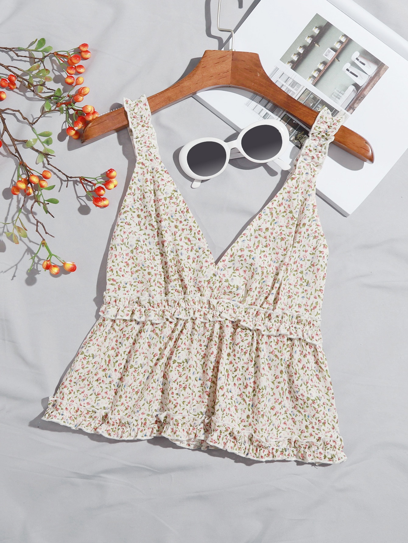 Shirred frill trim floral top