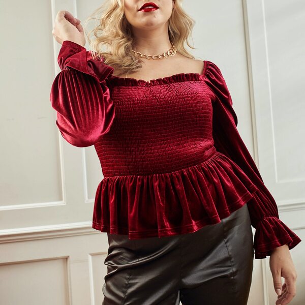 

Plus Bell Sleeve Shirred Bodice Velvet Peplum Top, Burgundy