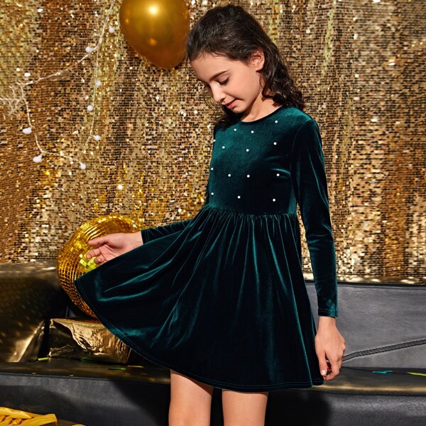 

Girls Pearls Beaded Velvet Dress, Dark green