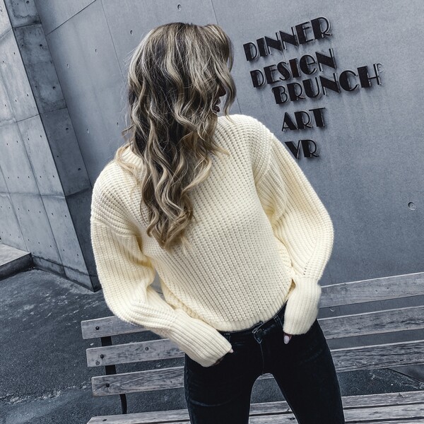 

Ribbed Knit Bishop Sleeve Sweater, Beige