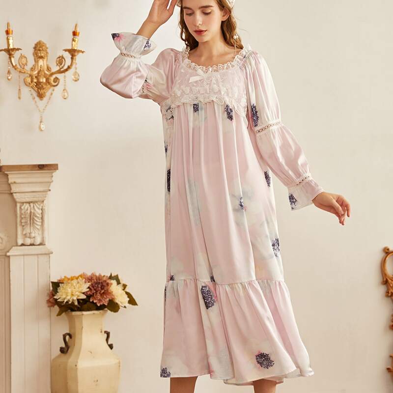 

Contrast Lace Floral Print Ruffle Hem Nightdress, Pink pastel