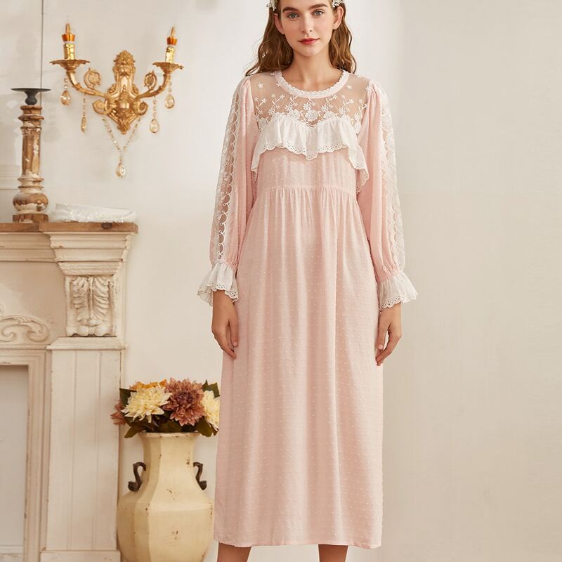 

Eyelet Embroidery Swiss Dot Nightdress, Pastel baby pink