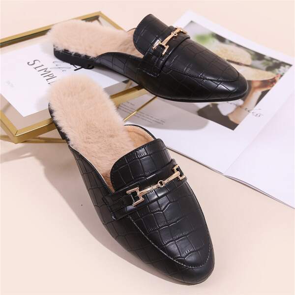 

Croc Embossed Faux Fur Decor Mules, Black