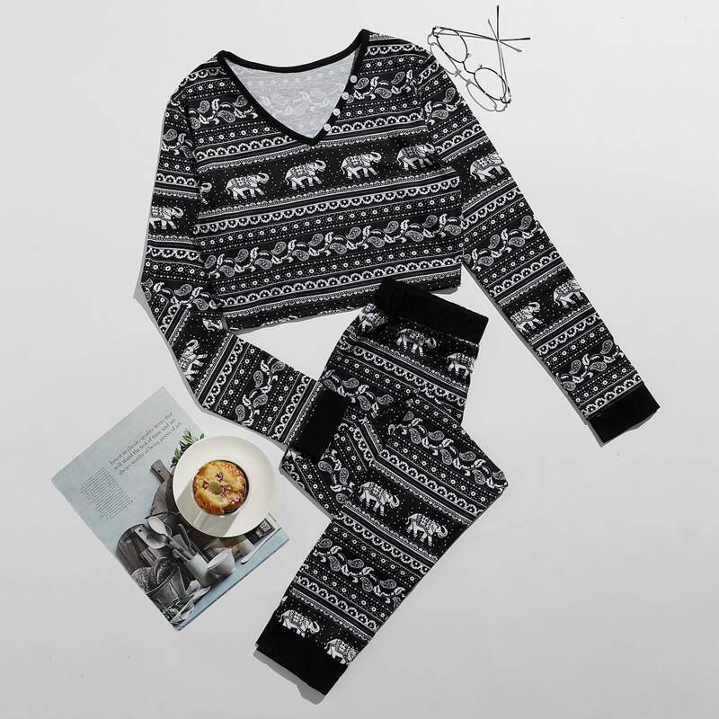 

Elephant & Paisley Print PJ Set, Black