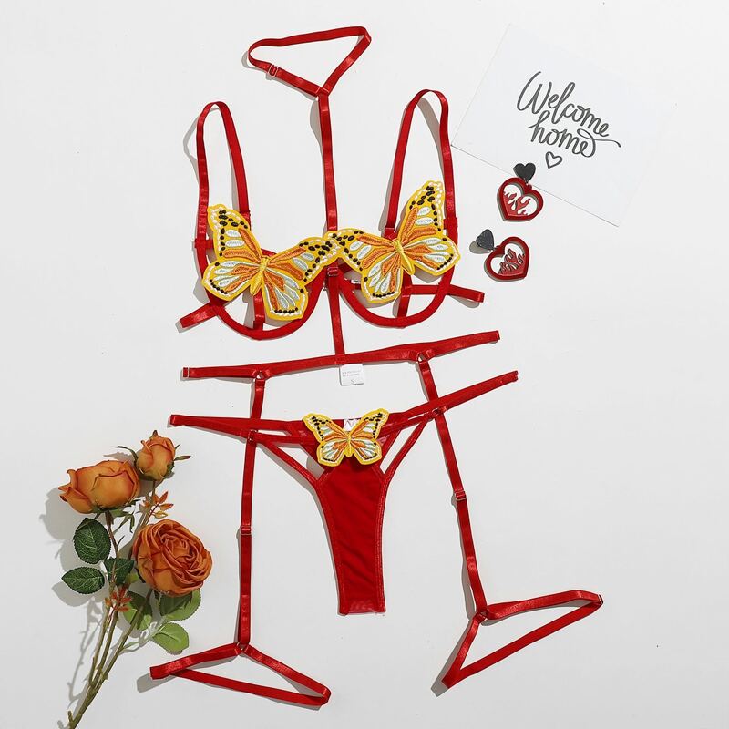 

Butterfly Applique Underwire Harness Lingerie Set, Red