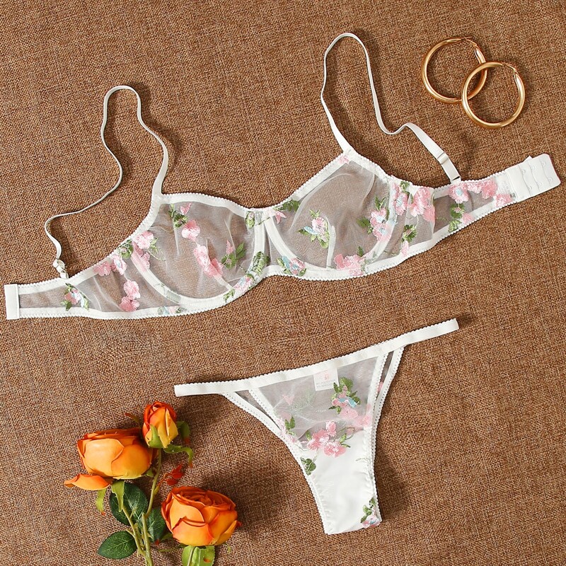 

Floral Embroidery Sheer Lingerie Set, White