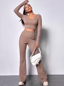 SHEIN EZwear Single Breasted Rib-knit Crop Top & Trousers Set - Apricot - View 1