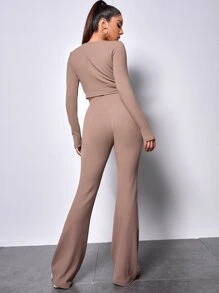 SHEIN EZwear Single Breasted Rib-knit Crop Top & Trousers Set - Apricot - View 2