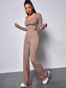 SHEIN EZwear Single Breasted Rib-knit Crop Top & Trousers Set - Apricot - View 5