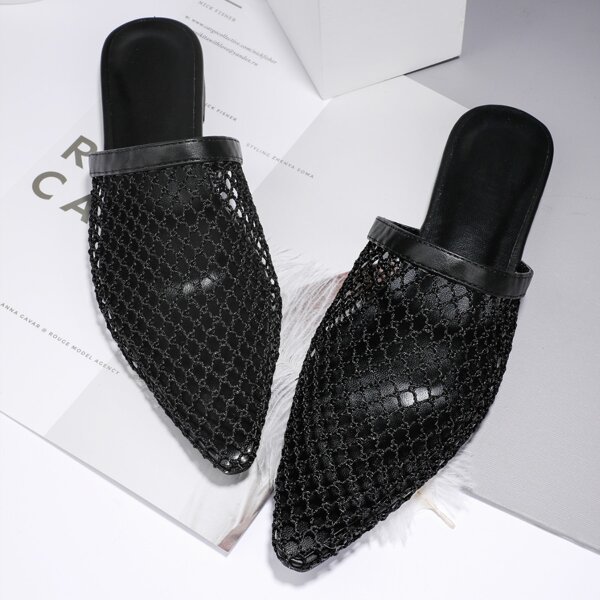 

Fishnet Flat Mules, Black