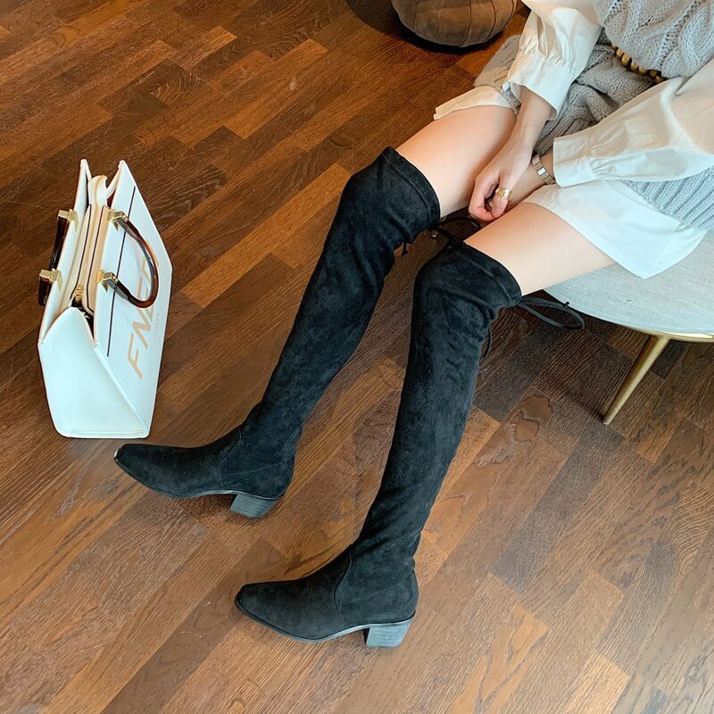 

Square Toe Suede Over The Knee Boots, Black