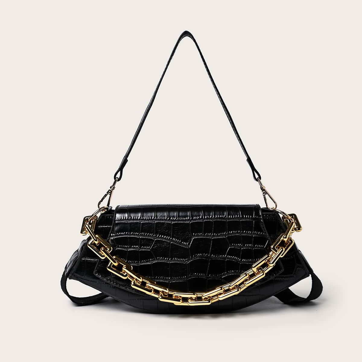 

Croc Embossed Chain Shoulder Bag, Black
