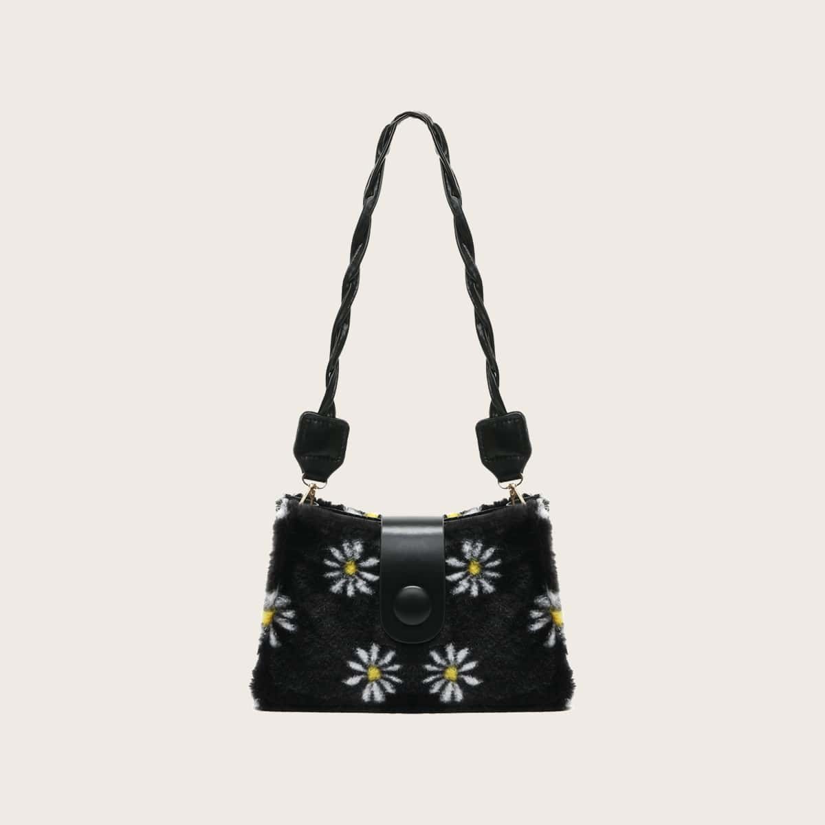 Floral Fluffy Baguette Bag, Black