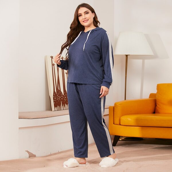 

Plus Panel Side Drawstring Hoodie & Pants Pajama Set, Navy blue