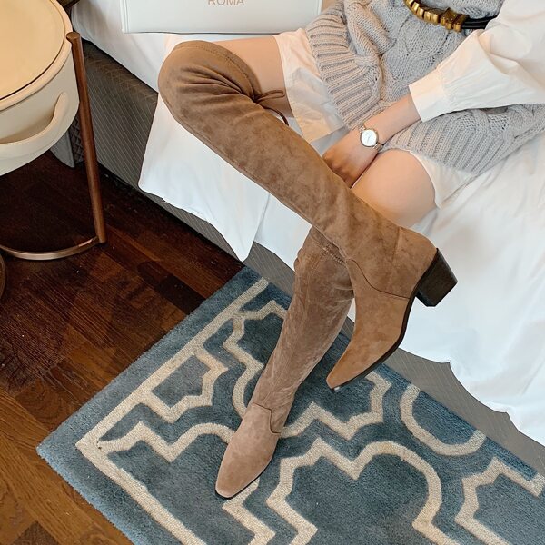 

Square Toe Suede Over The Knee Boots, Khaki