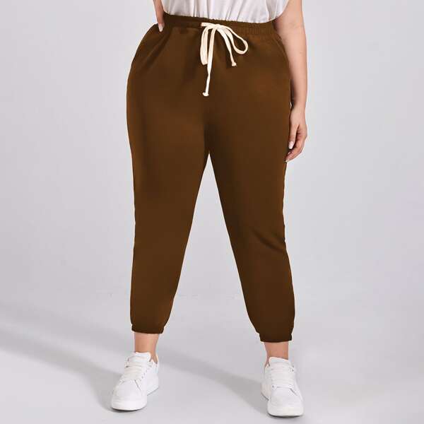 

Plus Drawstring Waist Slant Pocket Sweatpants, Coffee brown