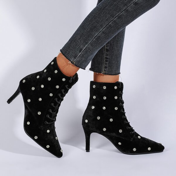 

Rhinestone Decor Stiletto Lace Up Ankle Boots, Black
