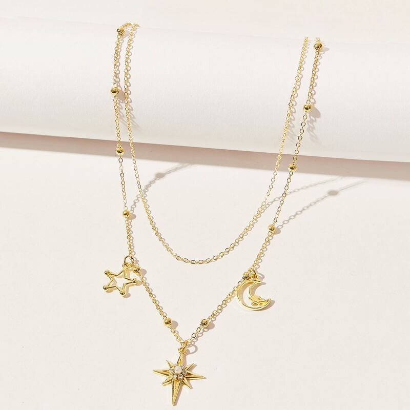 

Rhinestone Star & Moon Layered Necklace, Gold