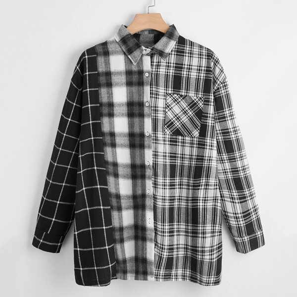 

Plus Plaid Spliced Drop Shoulder Longline Blouse, Black and white