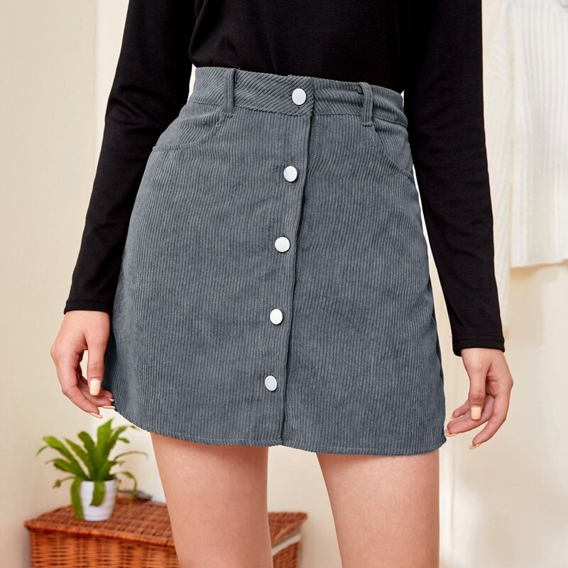 

Button Up Corduroy Skirt, Grey