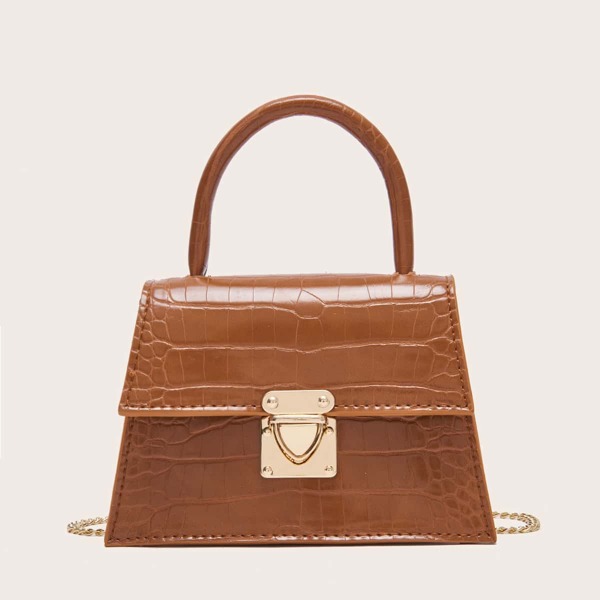 

Croc Embossed Push Lock Trapezoid Bag, Brown