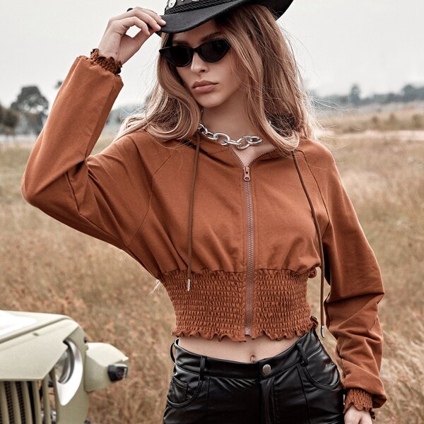 

Shirred Frill Hem Zip Up Hoodie, Rust brown
