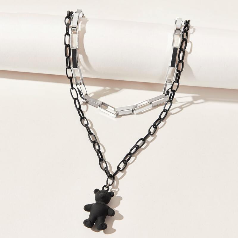 

Bear Layered Chain Necklace, Black