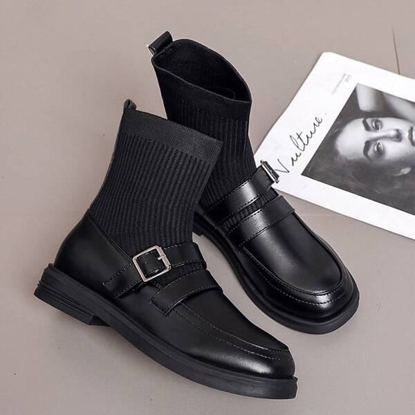 

Buckle Decor Knit Detail Sock Boots, Black