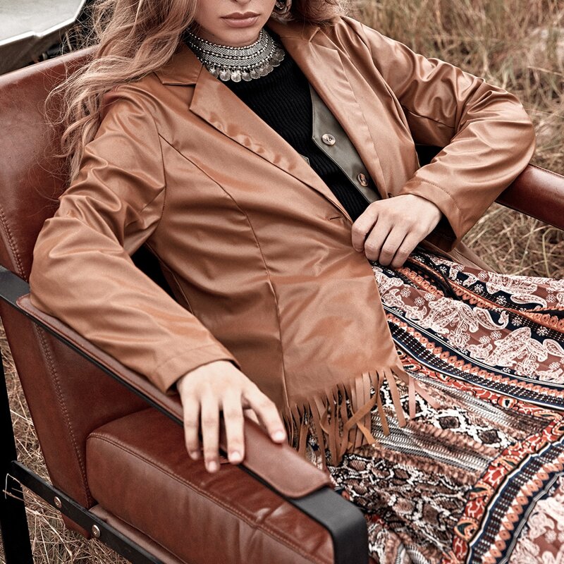 

Fringe Trim Lapel Collar PU Jacket Without Belt, Coffee brown