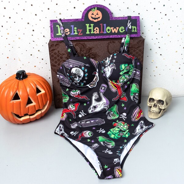 

Halloween Print Underwire One Piece Swimsuit, Multicolor