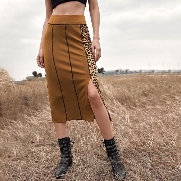 

Slit Hem Leopard Print High Waist Skirt, Brown