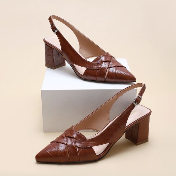 

Croc Embossed High Heeled Slingback Pumps, Brown