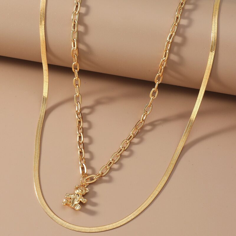 

2pcs Metal Bear Charm Necklace, Gold
