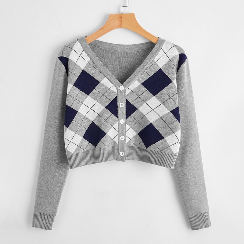

Argyle Pattern Button Front Cardigan, Grey