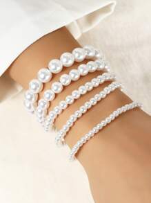 5pcs/Set Simple White Faux Pearl Bracelet Jewelry Set, Party Accessories - White - View 1