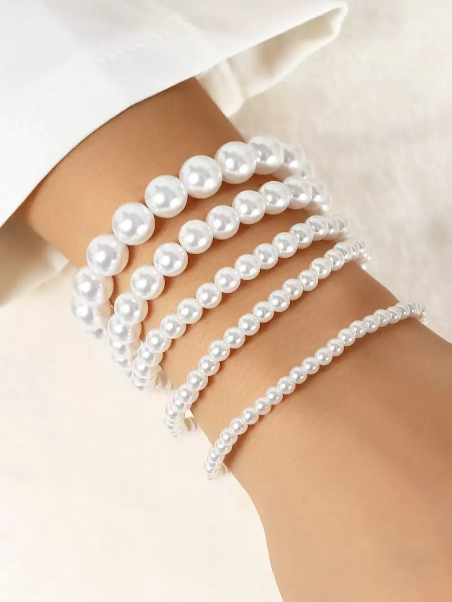 5pcs/Set Simple White Faux Pearl Bracelet Jewelry Set, Party Accessories - White - View 1