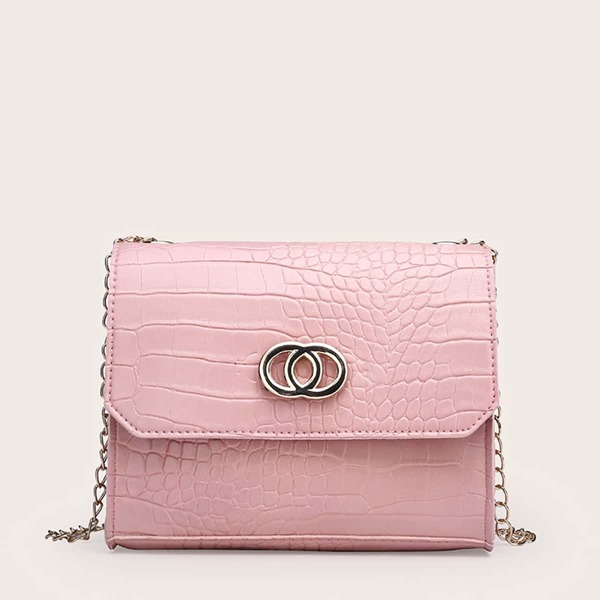 

Croc Embossed Flap Chain Bag, Pink