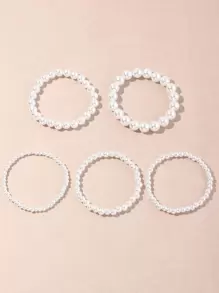 5pcs/Set Simple White Faux Pearl Bracelet Jewelry Set, Party Accessories - White - View 3