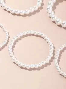 5pcs/Set Simple White Faux Pearl Bracelet Jewelry Set, Party Accessories - White - View 4