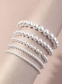 5pcs/Set Simple White Faux Pearl Bracelet Jewelry Set, Party Accessories - White - View 5