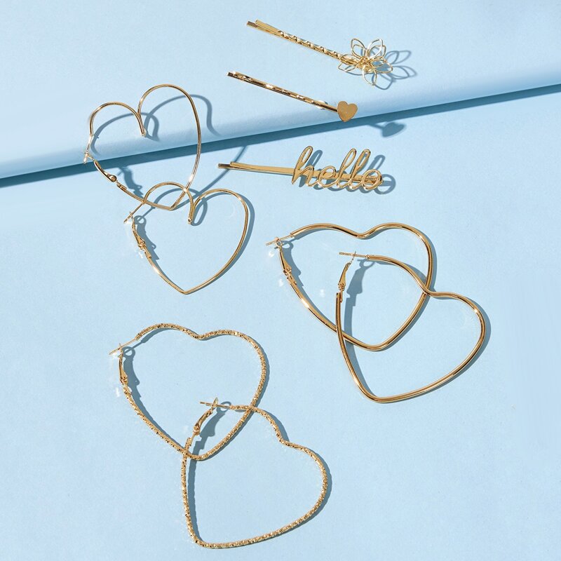 

3pairs Heart Hoop Earrings & 3pcs Hair Clip, Gold