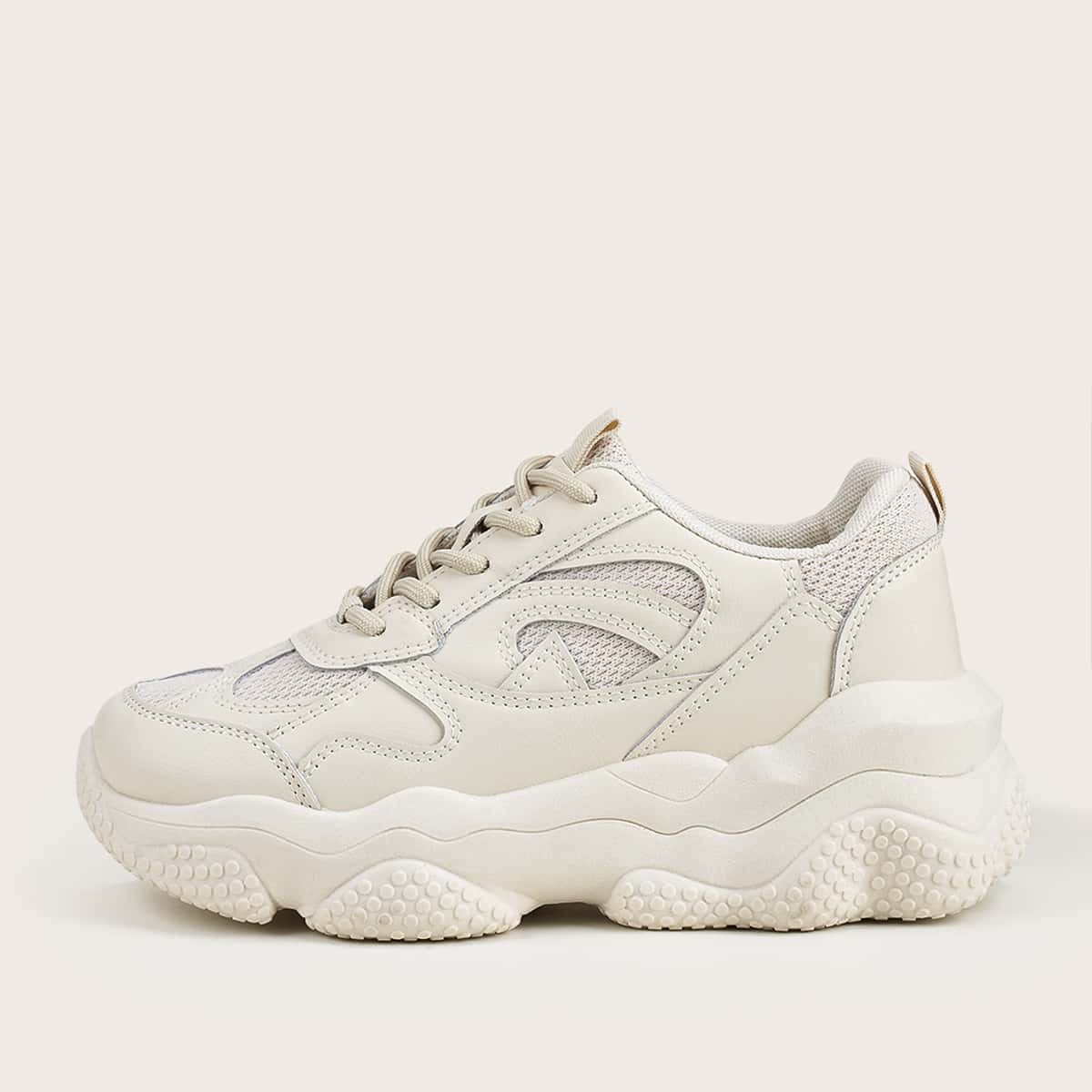 

Lace-up Front Mesh Panel Chunky Sneakers, Beige